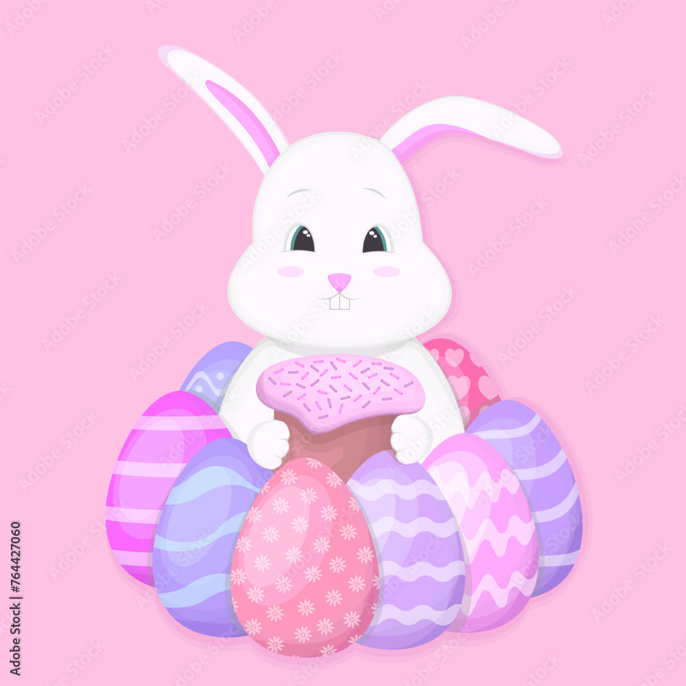 Bunny holds Easter cake around eggs. Happy Easter. Vector illustration Bunny holds Easter cake around eggs. Happy Easter. Vector illustration