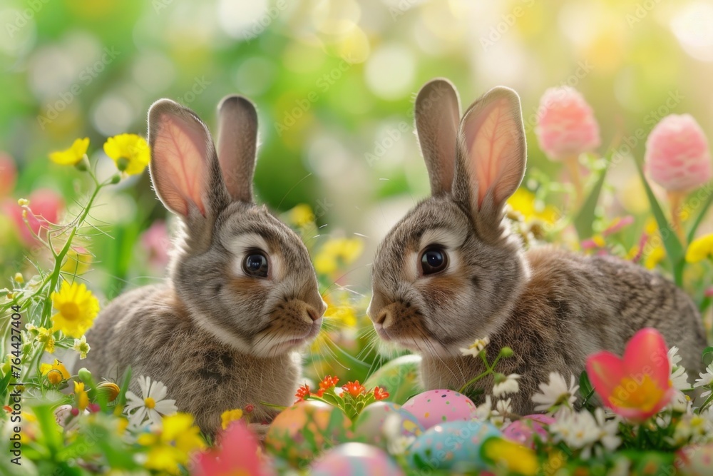 Realistic rabbits with Easter eggs in sunlight - Hyper-realistic image of two rabbits with Easter eggs in a sunlit setting, showcasing a vibrant and cheerful spring scene Realistic rabbits with Easter eggs in sunlight - Hyper-realistic image of two rabbits with Easter eggs in a sunlit setting, showcasing a vibrant and cheerful spring scene