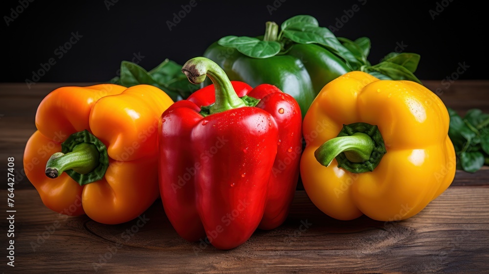 Peppers of different colors are displayed on a wooden table. Peppers of different colors are displayed on a wooden table.