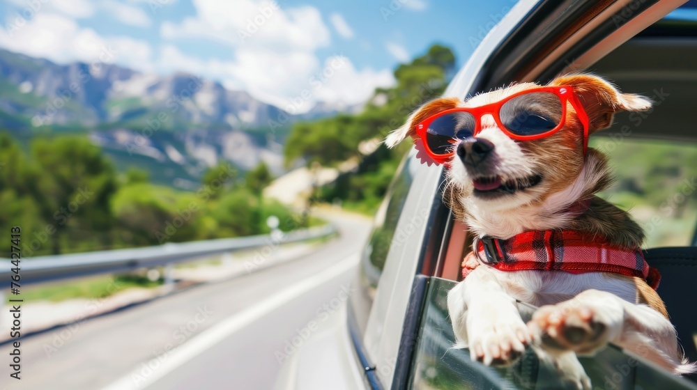 A dog is sitting in a car window with sunglasses on. - obrazy, fototapety, plakaty 