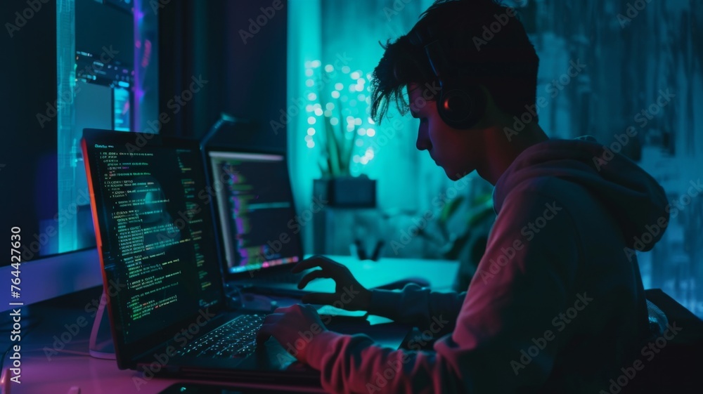 Silhouette of a person coding on a laptop - A concentrated individual working on a computer with coding language on the screen in a colorful environment Silhouette of a person coding on a laptop - A concentrated individual working on a computer with coding language on the screen in a colorful environment
