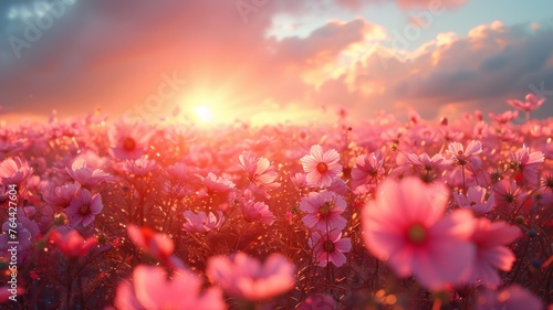 Sunset over field of vibrant pink flowers - Warm sunset shines over a field of vivid pink flowers, evoking feelings of calmness before the nightfall