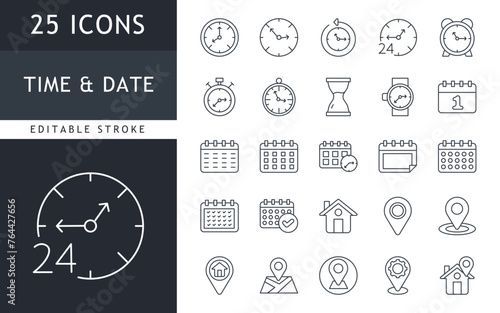 Time, date and address concept editable stroke outline icons set isolated on white background. vector illustration. 