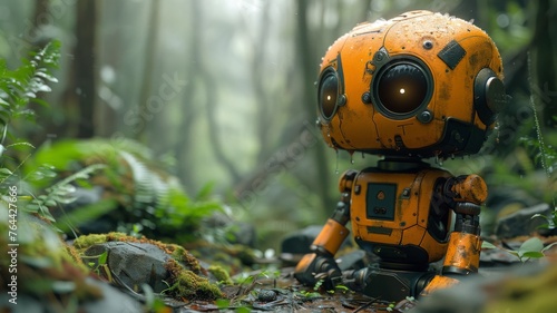 Orange robot in a misty forest setting - An isolated robot in a misty, lush forest, suggesting themes of technology, nature, and solitude