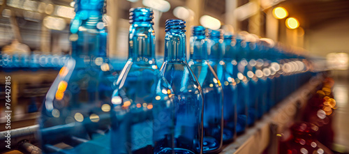 Array of glass bottles for alcohol production, showcasing the clean and industrial aspect of beverage manufacturing