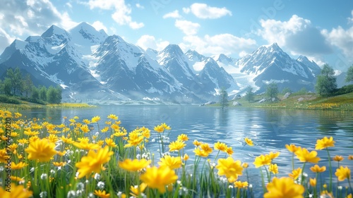 Idyllic mountain landscape with yellow flowers - A serene landscape with majestic mountains, clear lake, and yellow flowers ideal for nature themes