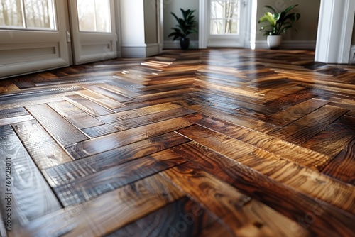 Sunlight casting warm highlights on a herringbone pattern wooden floor.