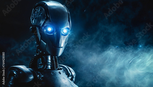 A robot with blue eyes and a silver body is standing in front of a blue background. The robot's eyes are glowing, giving it a futuristic and mysterious appearance photo