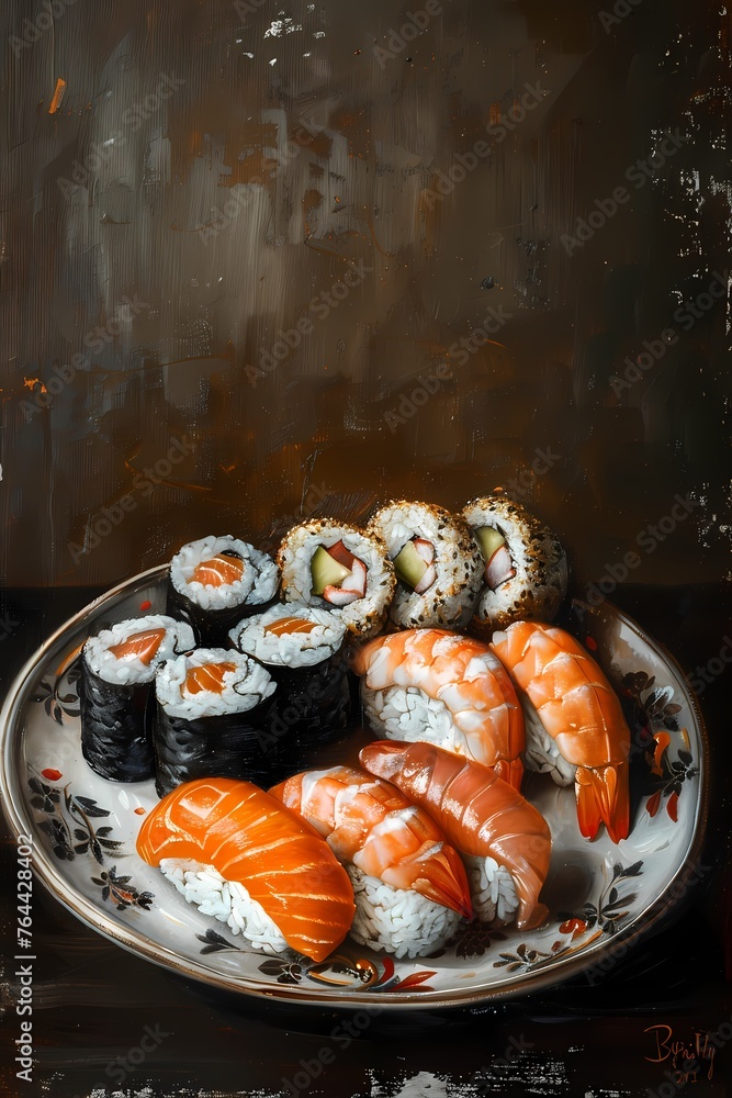 assorted sushi on plate with chopstick , oil painting, nature morte, Willem Claesz style, wall art, digital art, printable 
