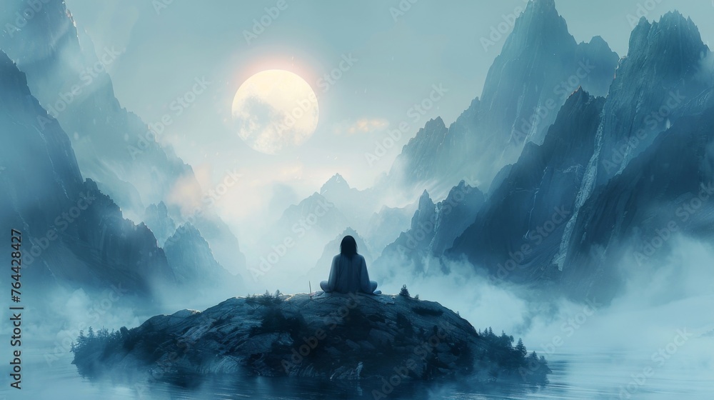 A misty mountain peak where a lone figure sits in contemplation surrounded by a circle of ethereal beings their whispering voices carrying ancient knowledge.