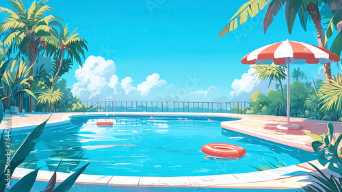 Hand drawn cartoon summer swimming pool scene illustration photo
