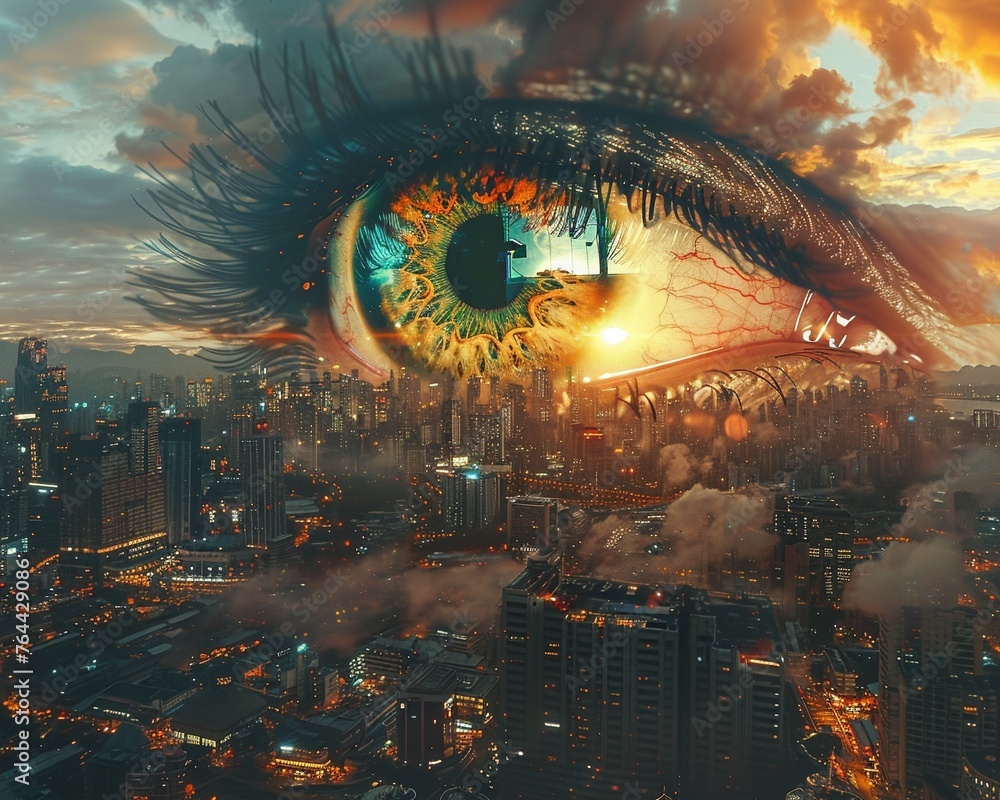Within a city of floating islands, a gigantic floating eye observes the bustling streets below, its gaze full of mystery and wonder Surrealism, photography, Golden hour lighting, Within a city of floating islands, a gigantic floating eye observes the bustling streets below, its gaze full of mystery and wonder Surrealism, photography, Golden hour lighting,