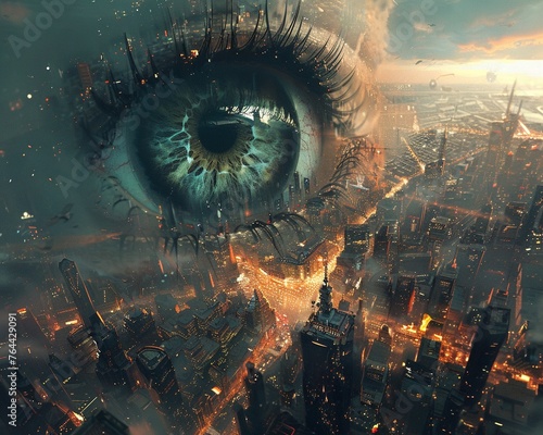 Within a city of floating islands, a gigantic floating eye observes the bustling streets below, its gaze full of mystery and wonder Surrealism, photography, Golden hour lighting, photo