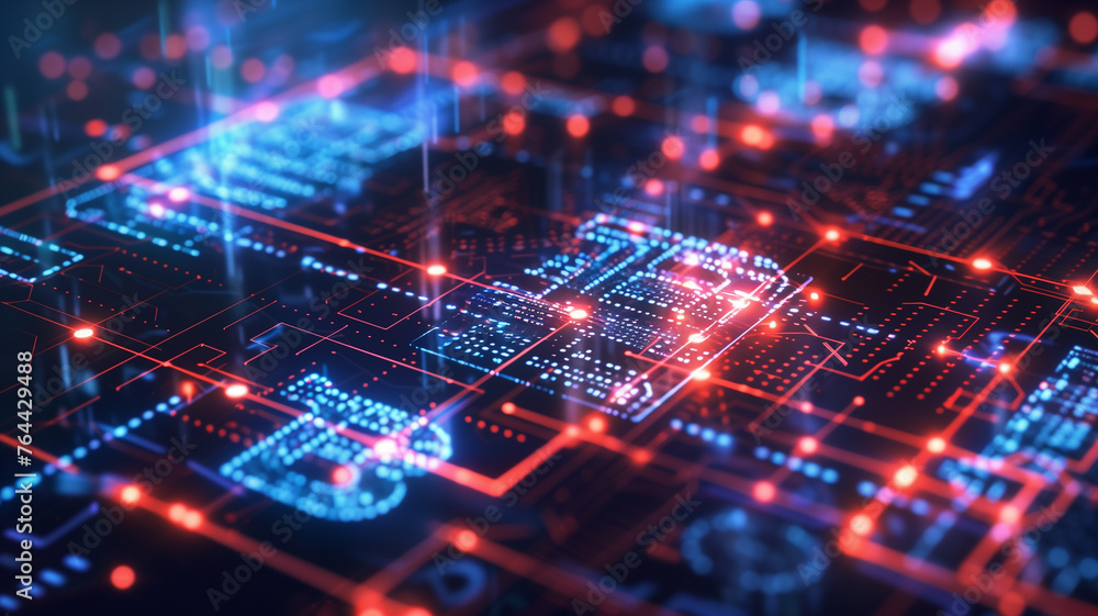3D Bitcoin on circuit.Glowing red Bitcoin sign
3D Bitcoin on circuit.Glowing red Bitcoin sign