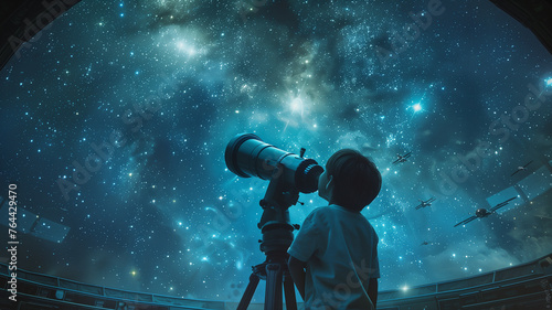 Child stargazing with telescope. photo