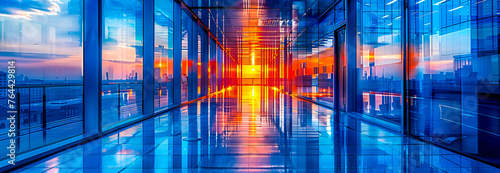 Modern corridor illuminated by futuristic lighting, showcasing sleek design and architectural innovation