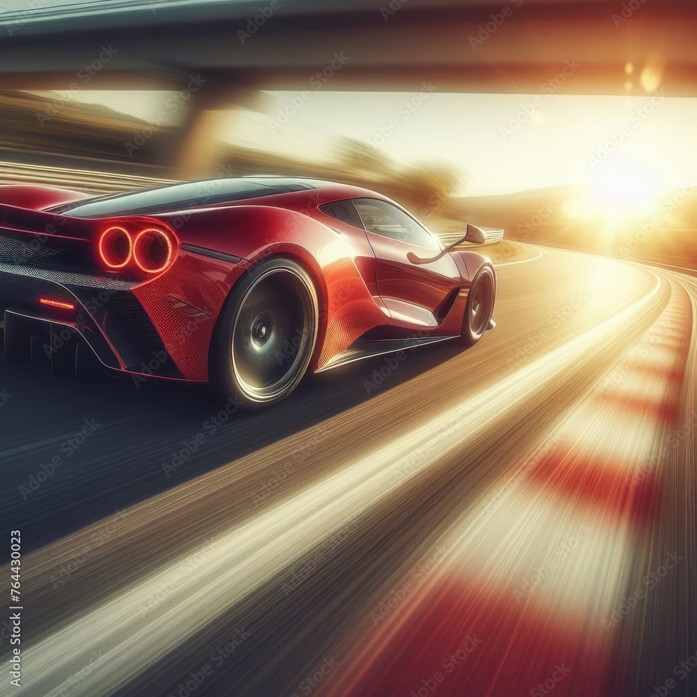 Red Supercar Slicing Through High-Speed Turn on Sunlit Highway