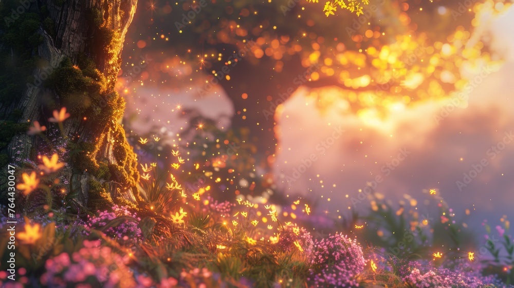 Enchanted forest glade with magical lights - A serene, mystical forest scene with an ancient tree and vibrant, glowing flowers against a warm, soft backdrop