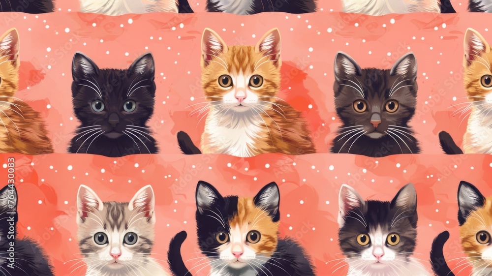 Cute cartoon cats pattern on pink backdrop - A charming seamless pattern of various cartoon cats, perfect for pet lovers and adding a cute flair to any project