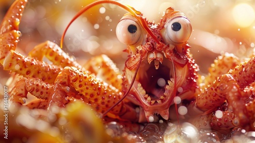 Excited cartoonish hermit crab close-up - A humorous, high-quality image of a hermit crab that looks like it's straight out of a cartoon fantasy photo