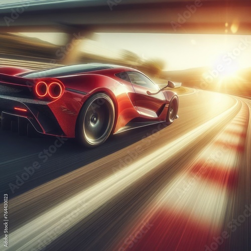 Red Supercar Slicing Through High-Speed Turn on Sunlit Highway © ROKA Creative