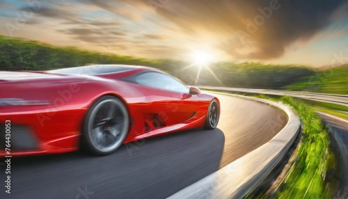 Red Supercar Slicing Through High-Speed Turn on Sunlit Highway © ROKA Creative
