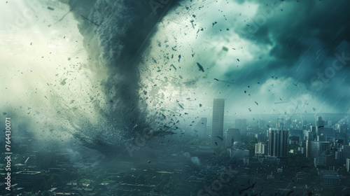 Tornado or hurricane's destruction along its path toward fictitious city with flying debris and collapsing structures. Concept of natural disasters, judgment day, apocalypse photo