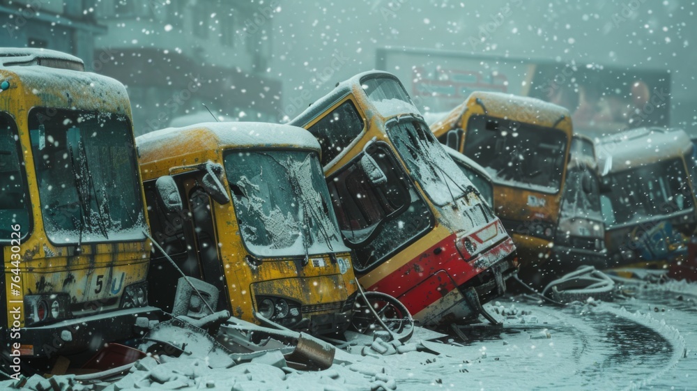 Abandoned buses in a snowy apocalyptic scene - Snow-covered wrecked buses portray an eerie, apocalyptic scenario, with a strong sense of abandonment and desolation Abandoned buses in a snowy apocalyptic scene - Snow-covered wrecked buses portray an eerie, apocalyptic scenario, with a strong sense of abandonment and desolation
