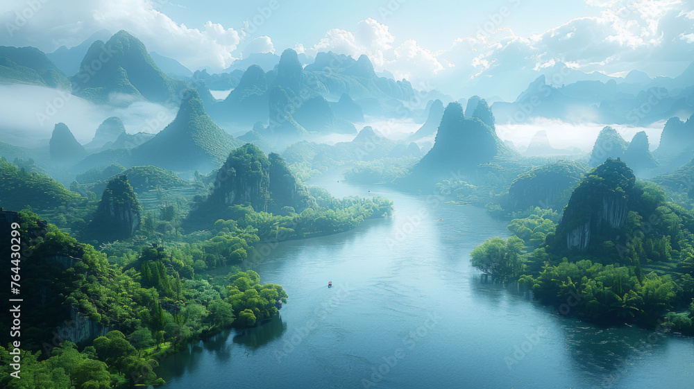 Misty river landscape in fantasy - A serene river winds through a mist-covered mystical mountain landscape