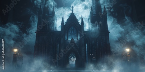 Gothic cathedral shrouded in ethereal fog - Dramatic imagery of a Gothic cathedral emerging from atmospheric fog, lit by moonlight, conveying a sense of mystery and awe