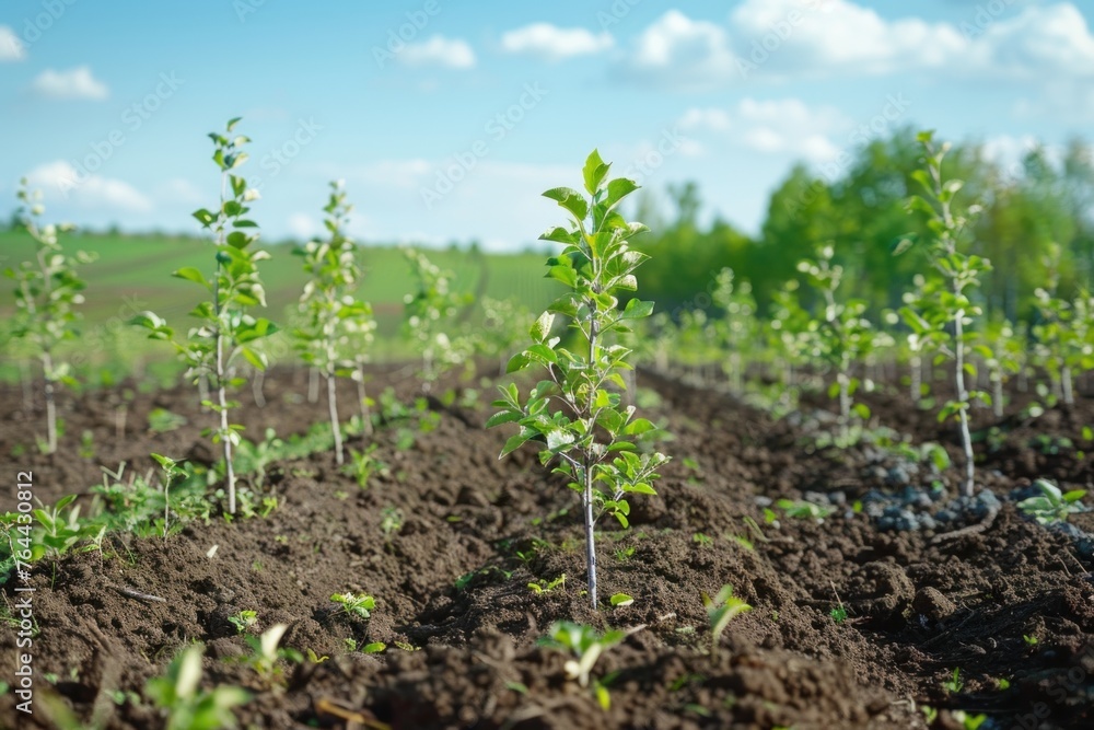 Newly planted saplings in soil rows in a young organic orchard under blue skies.