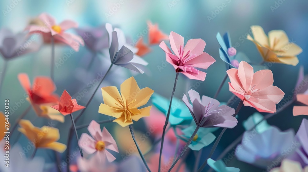 Vibrant origami spring flowers, array of colors, delicate paper art, blossoms in soft focus background
