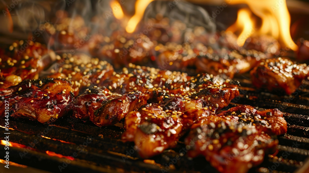 A close up of meat grilling on a fiery hot grill, with smoke rising as it cooks to perfection.