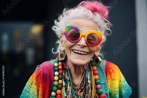 Portrait of a happy senior woman with colorful hair and sunglasses.