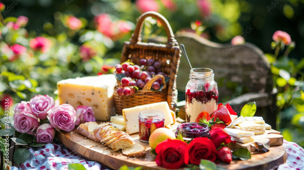 A playful picnic with a board of assorted cheese fruits and charerie along with a jar of homemade jam and a crusty baguette enjoyed in a botanical garden filled with fragrant A playful picnic with a board of assorted cheese fruits and charerie along with a jar of homemade jam and a crusty baguette enjoyed in a botanical garden filled with fragrant