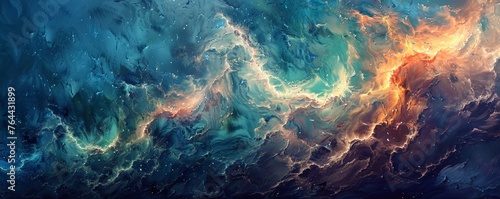 Fiery Elements Dance: Abstract Sky and Water Merge in Brilliant Blue, Illuminated by Starlight, Amidst Dark Storm Clouds
