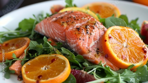 A nutritious salad that includes fresh salmon, oranges, and arugula.