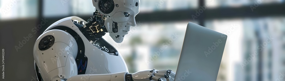 Fototapeta premium Advanced Robotic Arm Interacting with Laptop Computer in Creative Workspace