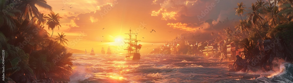 In the heart of a pirate haven, a bustling port town thrives amidst rocky cliffs and crashing waves The sun sets in the distance, casting a warm golden glow over the scene Realistic, Golden Hour,