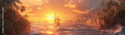 In the heart of a pirate haven, a bustling port town thrives amidst rocky cliffs and crashing waves The sun sets in the distance, casting a warm golden glow over the scene Realistic, Golden Hour, photo