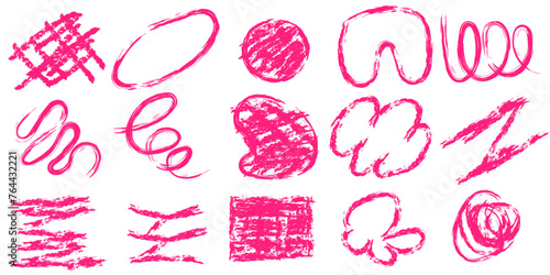 Set of doodle children crayons. Abstract shapes, scribble brush stroke, Hand drawn chalk design. Vector illustration