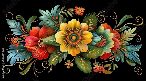Decorative floral pattern illustration in varigated colors on a black bacground with a central yellow flower photo