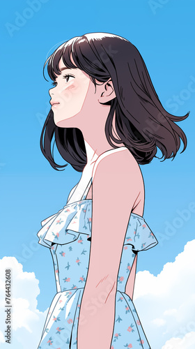 Hand drawn beautiful illustration of a girl under the blue sky in spring © 俊后生