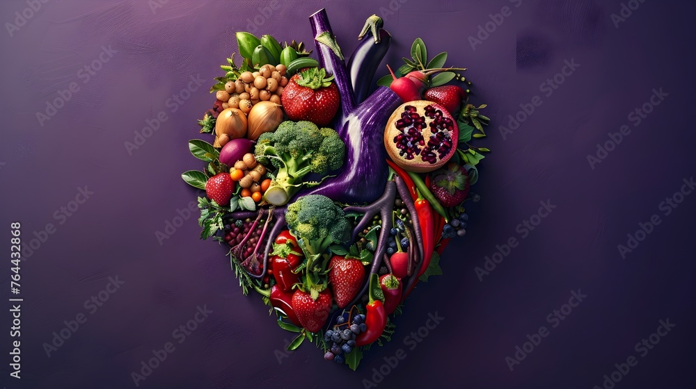 Vibrant Assortment of Flavorful Organic Fruits and Vegetables on a Vibrant Purple Background,Showcasing a Healthy and Nutritious Lifestyle