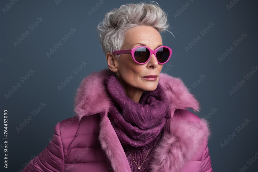 Portrait of a beautiful senior woman in pink fur coat and sunglasses.