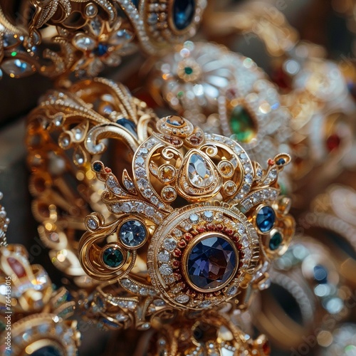 Elaborate, ornate jewelry pieces with intricate engravings and gemstones