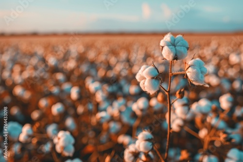 Cotton field at golden hour with close-up on white cotton bolls against a blurred background. photo