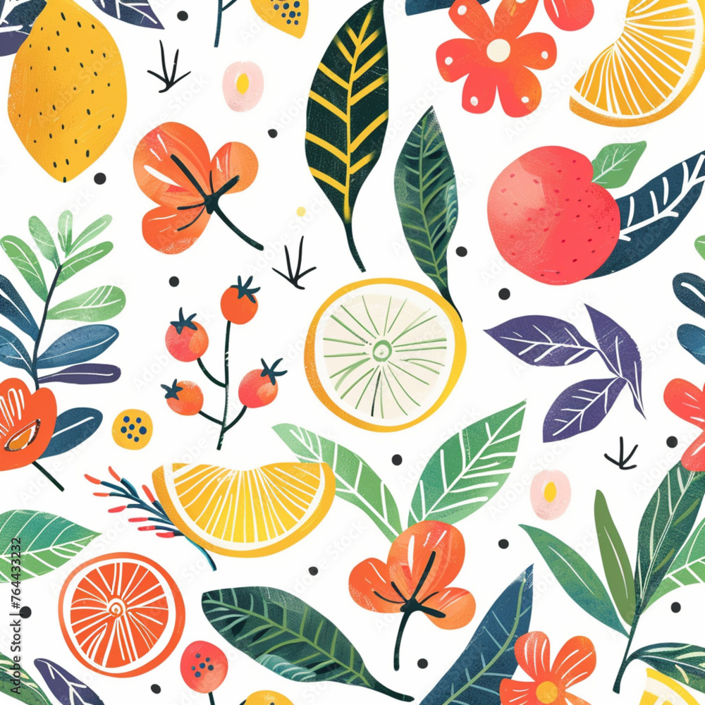 Seamless fabric pattern in the shape of fruits, , leaves as you. generated by AI Seamless fabric pattern in the shape of fruits, , leaves as you. generated by AI