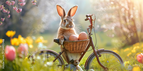 a small beautiful cute Bunny on a Bicycle rides to the right and carries spring flowers in two baskets, on a colored green background, watercolor painting for greeting card.