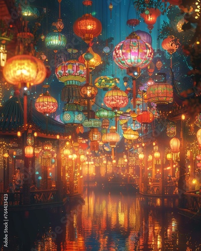 Amidst a mesmerizing display of vibrant lanterns and decorations  a multicultural gathering revels in the festivities of global celebrations The image is rendered in a vivid and detailed 3D style